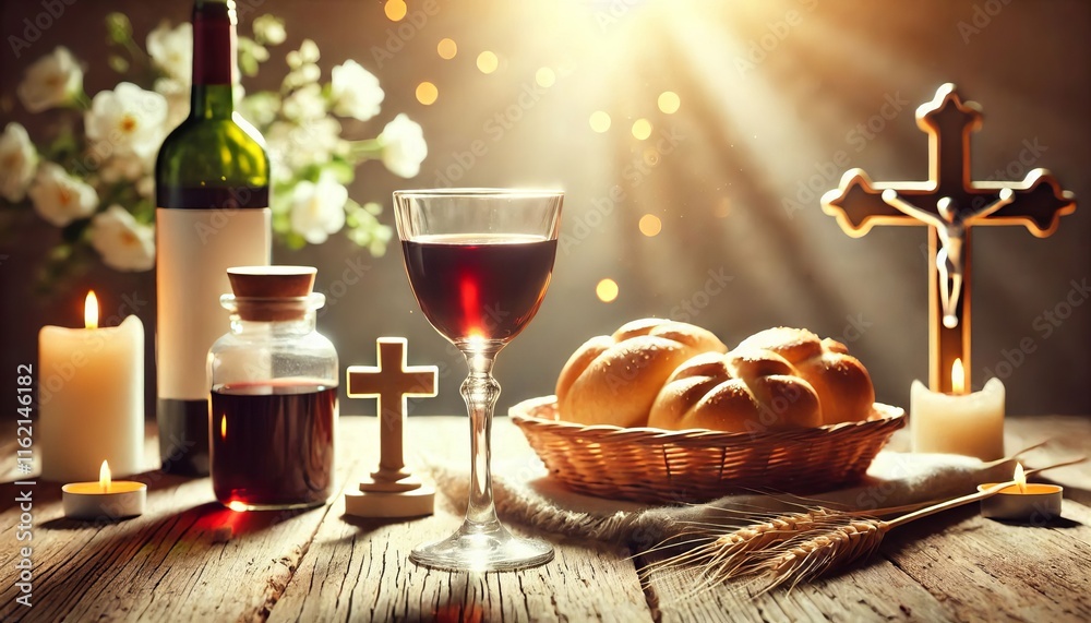 Bread and Red Wine in Glass - Communion - The Lord's Supper and Holy Bible - Blood and Body Embodiment - Sacrament - Christian Ritual - Wallpaper or Background for Religion Bread and Red Wine in Glass - Communion - The Lord's Supper and Holy Bible - Blood and Body Embodiment - Sacrament - Christian Ritual - Wallpaper or Background for Religion
