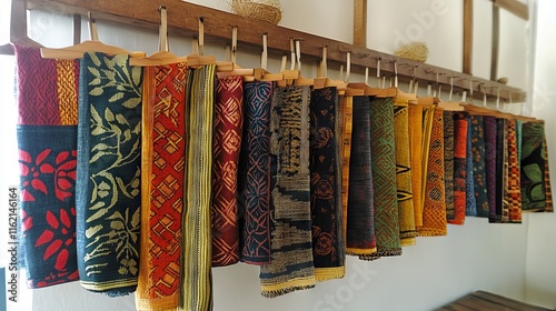 Wallpaper Mural Colorful Batik Cloth Scarves Displayed in Art Studio. AI generated illustration Torontodigital.ca