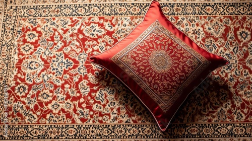 Red Pillow with Geometric Patterns on Persian Carpet. AI generated illustration