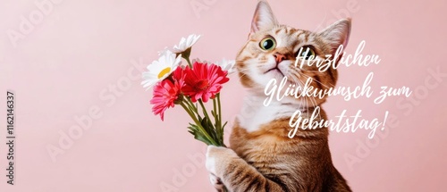 Herzlichen Glückwunsch zum Geburtstag: Katze mit Blumenstrauß photo