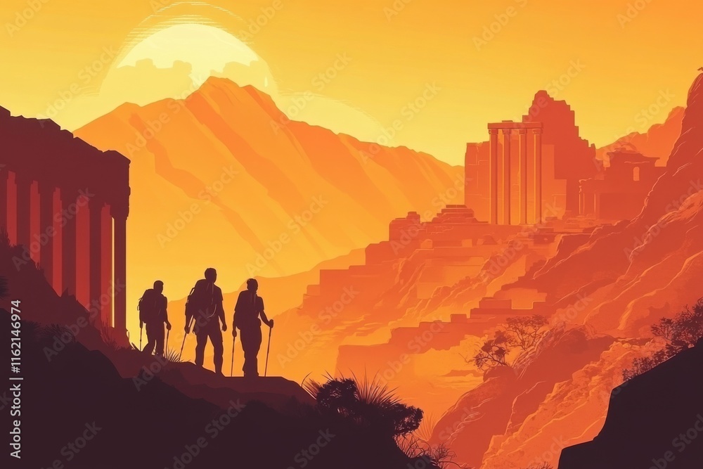 Minimalistic sunset hike - adventurous explorers discover scenic mountain ruins Minimalistic sunset hike - adventurous explorers discover scenic mountain ruins