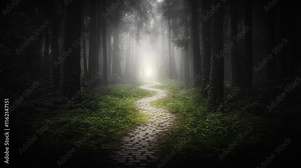Obraz premium Mystic Forest Path Light at the End of the Winding Road