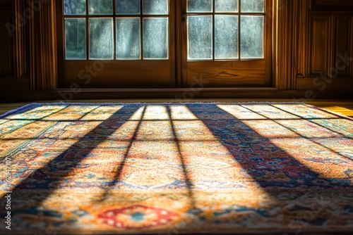 Wallpaper Mural Vibrant Carpet with Intricate Patterns in Front of Wooden Window. AI generated illustration Torontodigital.ca