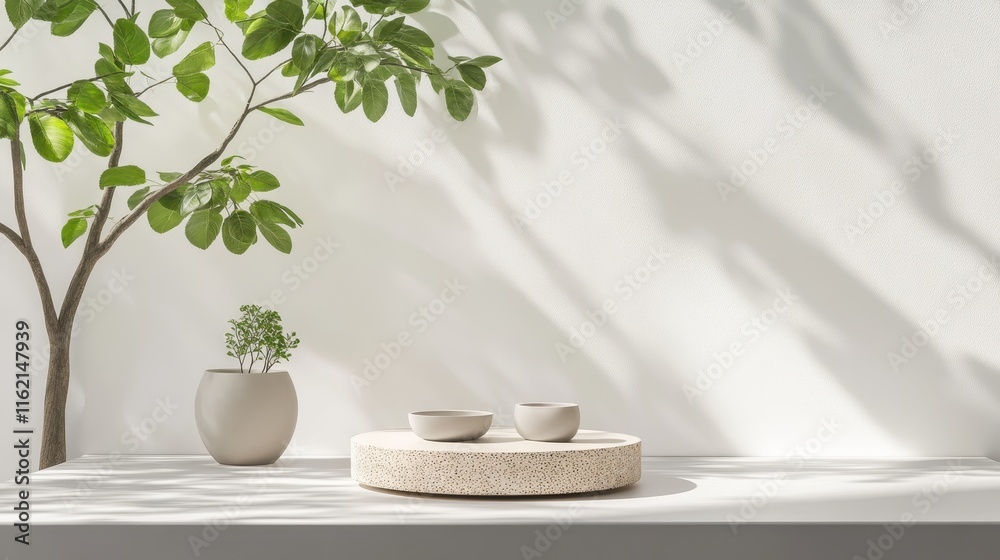 Minimalist Still Life with Plants and Ceramic Bowls Minimalist Still Life with Plants and Ceramic Bowls