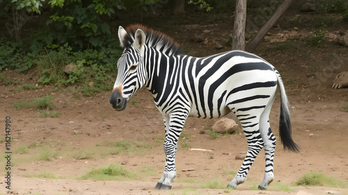 a zebra standing on a dirt road next to a forest of trees and bushes, with a blurry background, Amédée Ozenfant, naturalism, animal photography, a photocopy