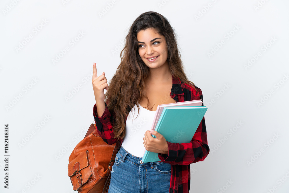Young student woman isolated on white background pointing up a great idea Young student woman isolated on white background pointing up a great idea