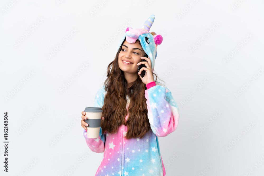 Young caucasian woman wearing a unicorn pajama isolated on white background holding coffee to take away and a mobile Young caucasian woman wearing a unicorn pajama isolated on white background holding coffee to take away and a mobile