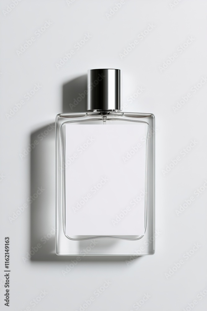 top-down view of minimalist fragrance bottle with blank white label surrounded by subtle shadows on flawless white top-down view of minimalist fragrance bottle with blank white label surrounded by subtle shadows on flawless white