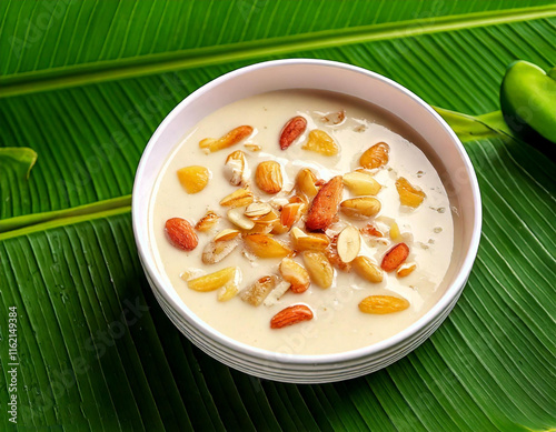 Delicious south indian payasam served in a white bowl 