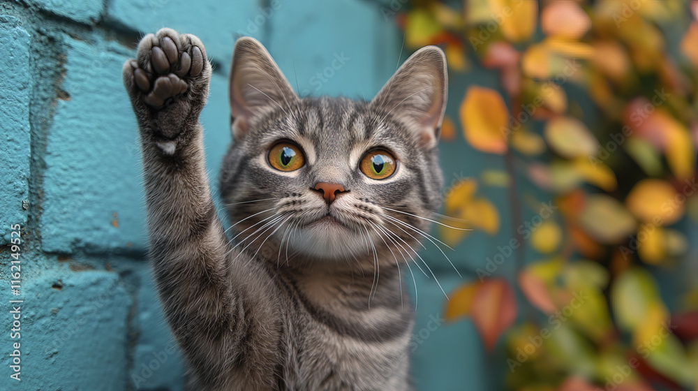 Obraz premium playful gray cat with bright eyes raises its paw against colorful backdrop