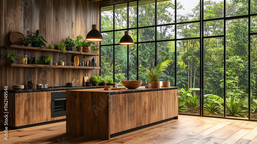 Cuisine moderne et luxueuse dans une maison en bois entourée de forêt