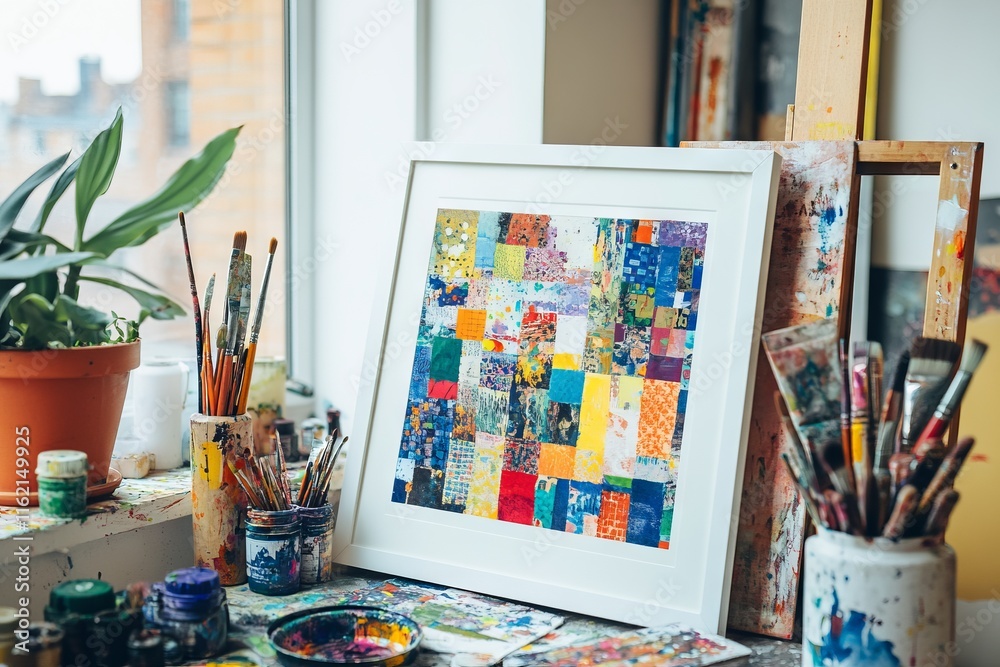 Framed patchwork collage artwork displayed on a table and wall with painting tools. AI generated illustration Framed patchwork collage artwork displayed on a table and wall with painting tools. AI generated illustration