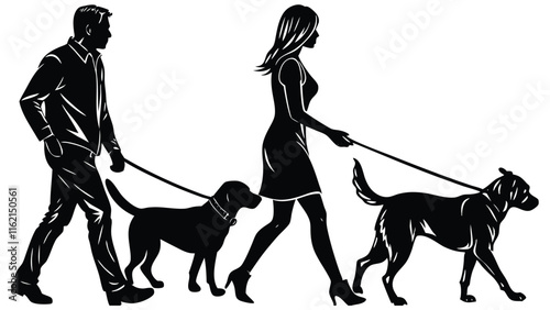 Set Of People Walking Their Dogs On Leashes Vector Silhouette Illustration