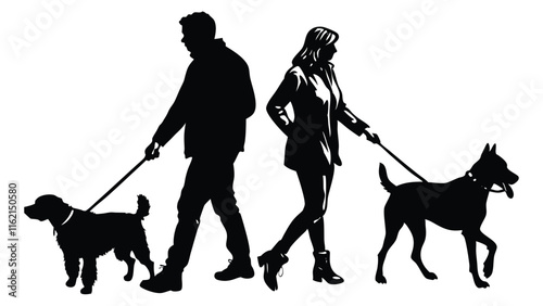 Set Of People Walking Their Dogs On Leashes Vector Silhouette Illustration