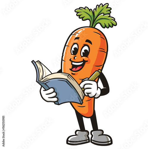 Carrot with book,   Cartoon Character Mascot Illustration Vector Clip-art Hand-drawn Logo Design