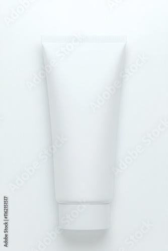top-down view of minimalist sunscreen tube featuring blank white label elegantly styled on white background with subtle