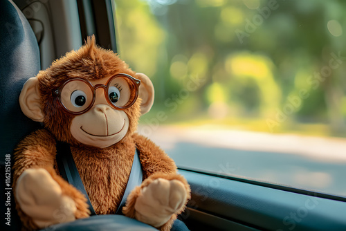 Cute monkey toy in car interior on a sunny day playful close-up image