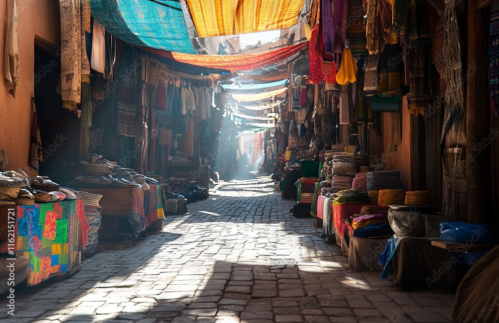 Fototapeta premium Colorful market stalls in the vibrant streets of Marrakech medina. AI generated illustration