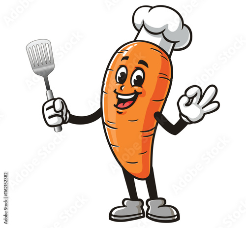 Carrot holding a spatula and wearing a chef's hat
,    Cartoon Character Mascot Illustration Vector Clip-art Hand-drawn Logo Design