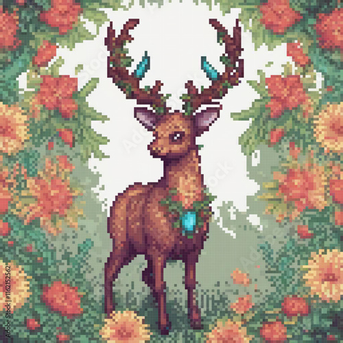 Handcrafted pixel art cross stitch deer surrounded by vibrant flowers.