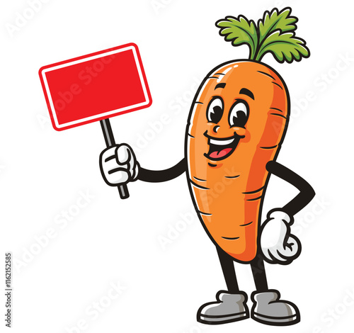 Carrot with blank sign board,   Cartoon Character Mascot Illustration Vector Clip-art Hand-drawn Logo Design