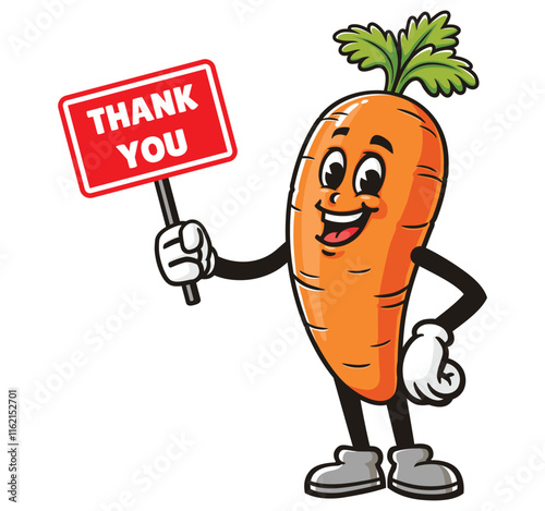 Carrot with thank you sign,    Cartoon Character Mascot Illustration Vector Clip-art Hand-drawn Logo Design