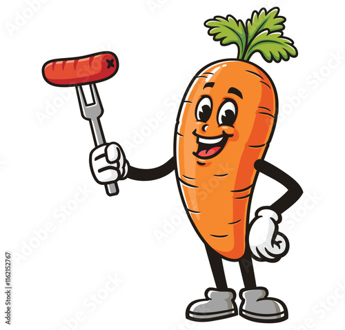 Carrot with sausage,   Cartoon Character Mascot Illustration Vector Clip-art Hand-drawn Logo Design