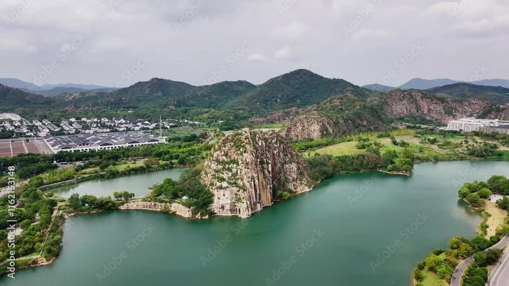 Stunning aerial views of Shouto Lake surrounded by Tianping Mountain in Suzhou Stunning aerial views of Shouto Lake surrounded by Tianping Mountain in Suzhou