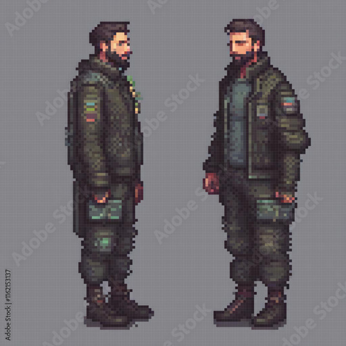 Vintage pixel art of a soldier in military attire.