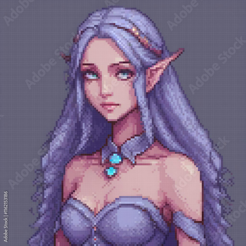 Stunning pixel art of a woman with flowing blue hair and a matching blue necklace.