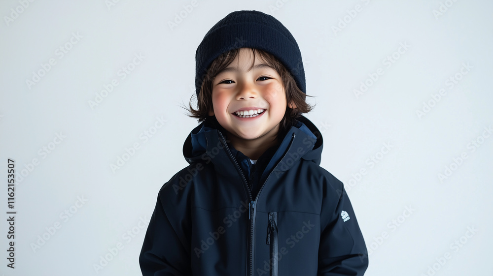 白背景で優しい笑顔を見せる日本人少年スノーボーダーのポートレート 白背景で優しい笑顔を見せる日本人少年スノーボーダーのポートレート