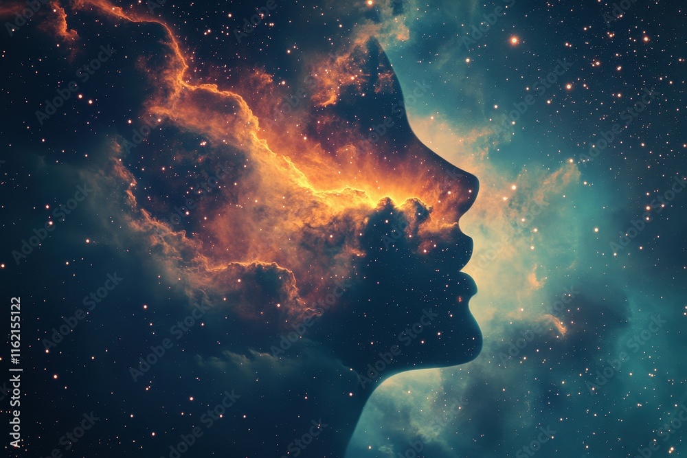 A captivating profile of a woman is formed by swirling colors of orange and blue, representing cosmic elements. This artistic representation blends human and celestial features together beautifully. A captivating profile of a woman is formed by swirling colors of orange and blue, representing cosmic elements. This artistic representation blends human and celestial features together beautifully.