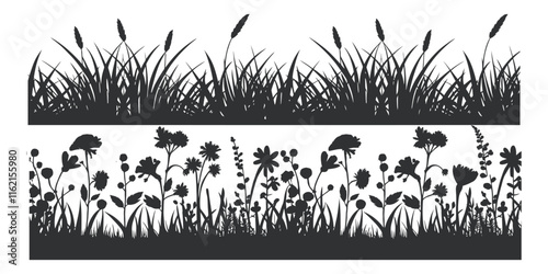 Spring black grass silhouette seamless background. Vector brush for eco, nature design