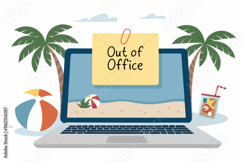 Ai generated out of office message with beach theme digital workspace relaxing environment for vacation planning