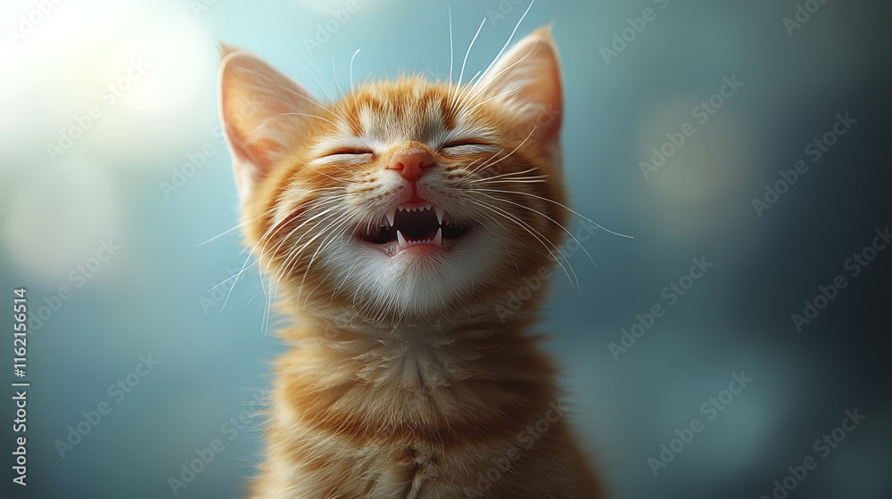 Fototapeta premium small orange kitten laughing joyfully, showing its tiny teeth