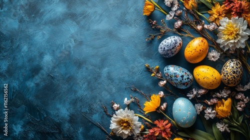 Festive happy easter scene featuring colorful easter eggs nestled among blooming flowers for a celebratory holiday background photo