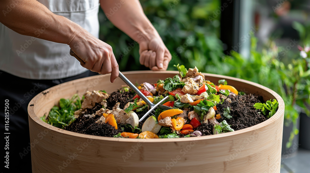 Sustainable Living Organic composting concept, Hands adding kitchen scraps to a compost bin, promoting sustainable gardening and waste recycling in a vibrant green environment. Sustainable Living Organic composting concept, Hands adding kitchen scraps to a compost bin, promoting sustainable gardening and waste recycling in a vibrant green environment.