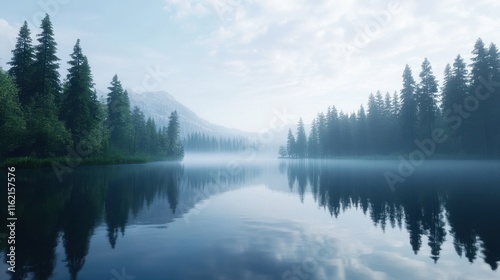 Misty Lake Morning, Serene Forest Reflection, Peaceful Natural Scenery, Autumn or Spring Landscape