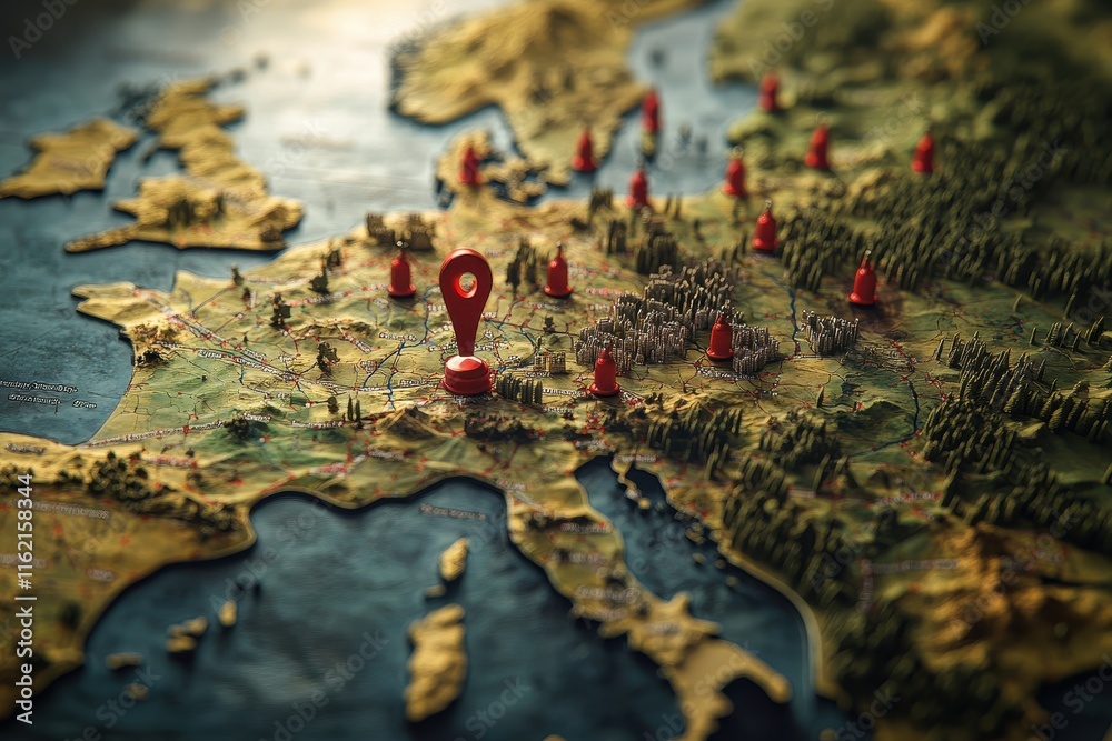 A detailed topographical representation of Europe features red location markers indicating points of interest. The landscape is rich with forests and water, symbolizing nature's diversity. A detailed topographical representation of Europe features red location markers indicating points of interest. The landscape is rich with forests and water, symbolizing nature's diversity.