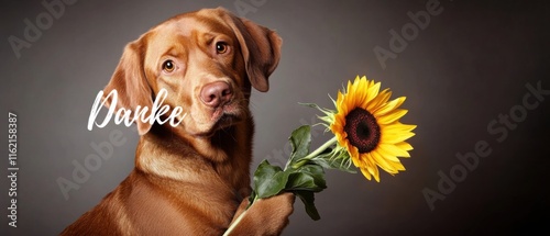 Dankbarer Hund hält Sonnenblume  Herzliches Dankeschön Bild photo