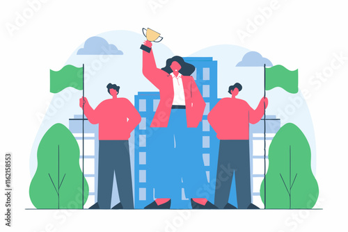 Ai generates empowering leadership event with team celebration urban office infographic style optimistic atmosphere