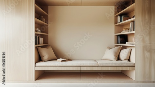 Built in reading nook with shelves and cushions photo