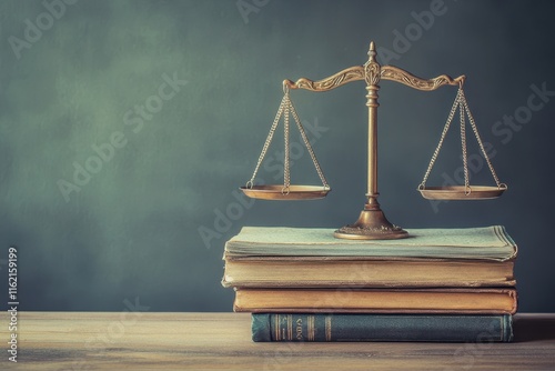 A set of brass legal scales rests on top of stacked law books, symbolizing justice and the legal system. The scene conveys a serious atmosphere in a courtroom-like environment.