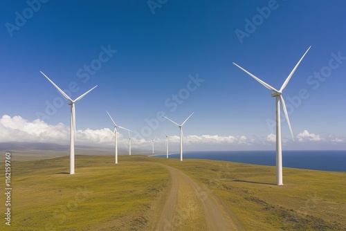 Wallpaper Mural wide-angle view of wind turbines along coastal landscape their white structures contrasting with vibrant ocean and Torontodigital.ca