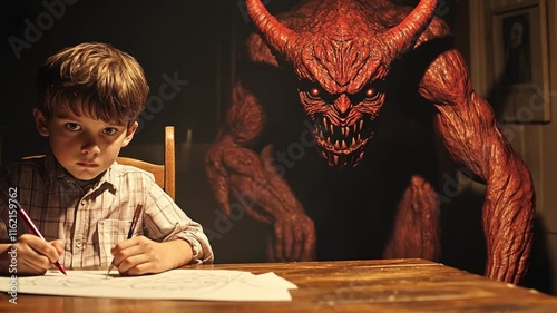 Terrifying demon stalking a child in a dimly lit room creating fear and tension. photo