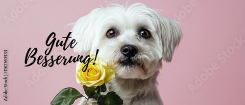 Süßer weißer Hund mit gelber Rose  Gute Besserung Stockfoto photo