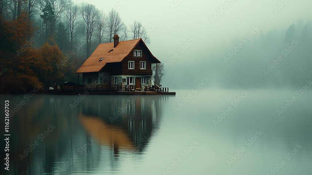 Fototapeta premium Misty lake house reflection.