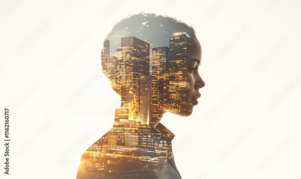 Double exposure of a woman and a city with high rise buildings at night. Double exposure of a woman and a city with high rise buildings at night.