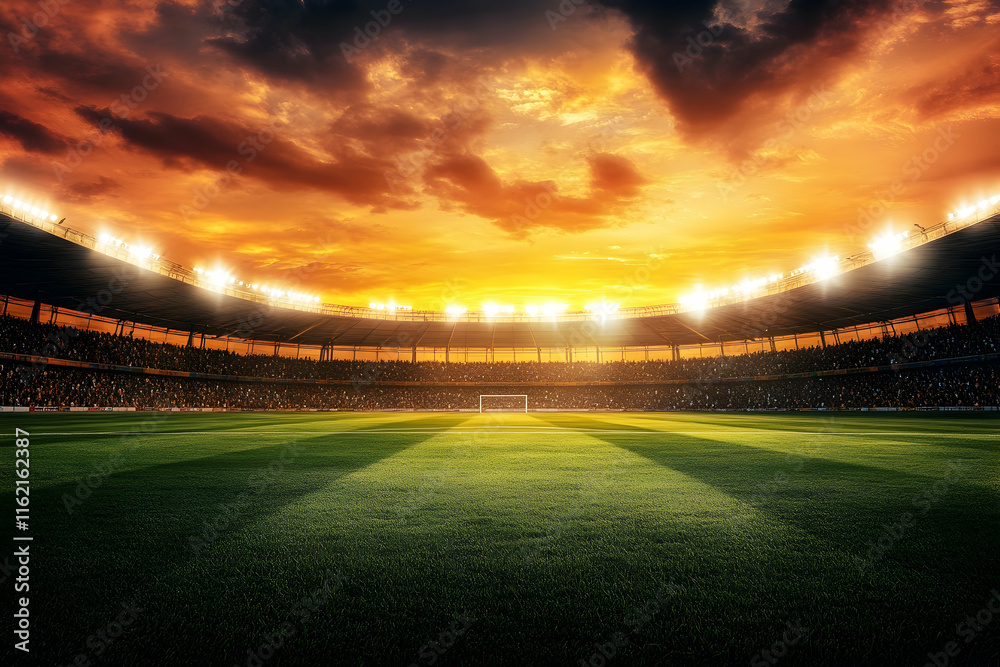 Soccer stadium glowing under lights at sunset, packed with energetic fans in the stands