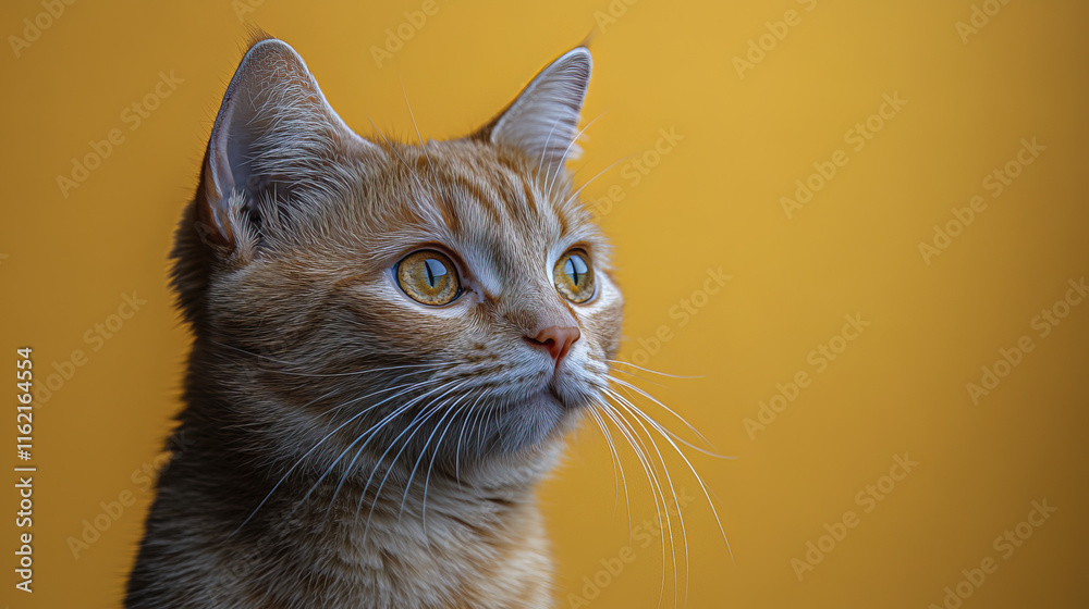 Obraz premium playful ginger cat with bright eyes gazes curiously against yellow background